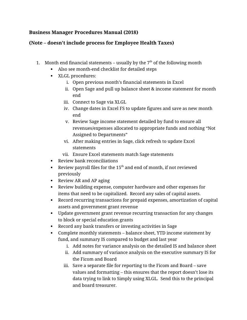 Business Manager Procedures Sample Manual